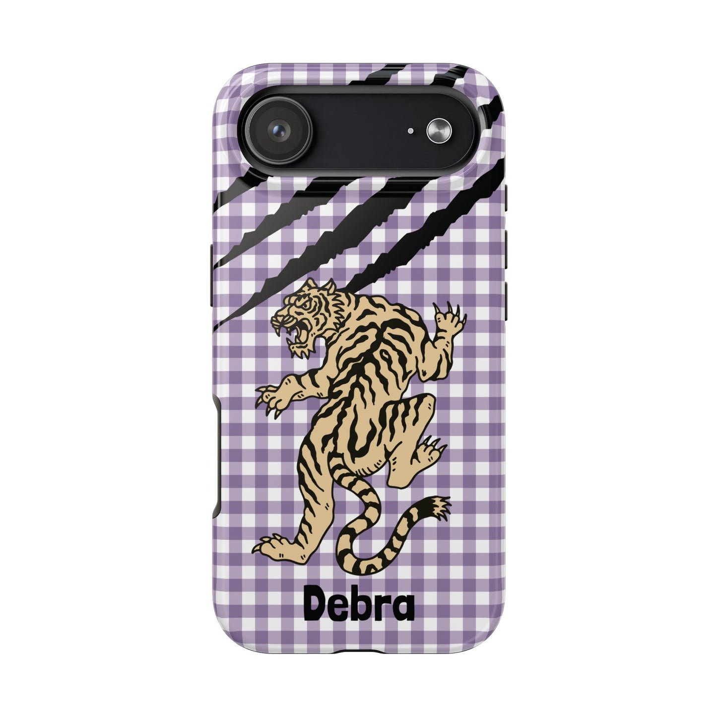 CAJUN DEB Personalized Vintage Tiger Purple Gingham Phone Case – Cute Purple Gingham Tough Phone Case with Claw Marks CAJUN DEB
