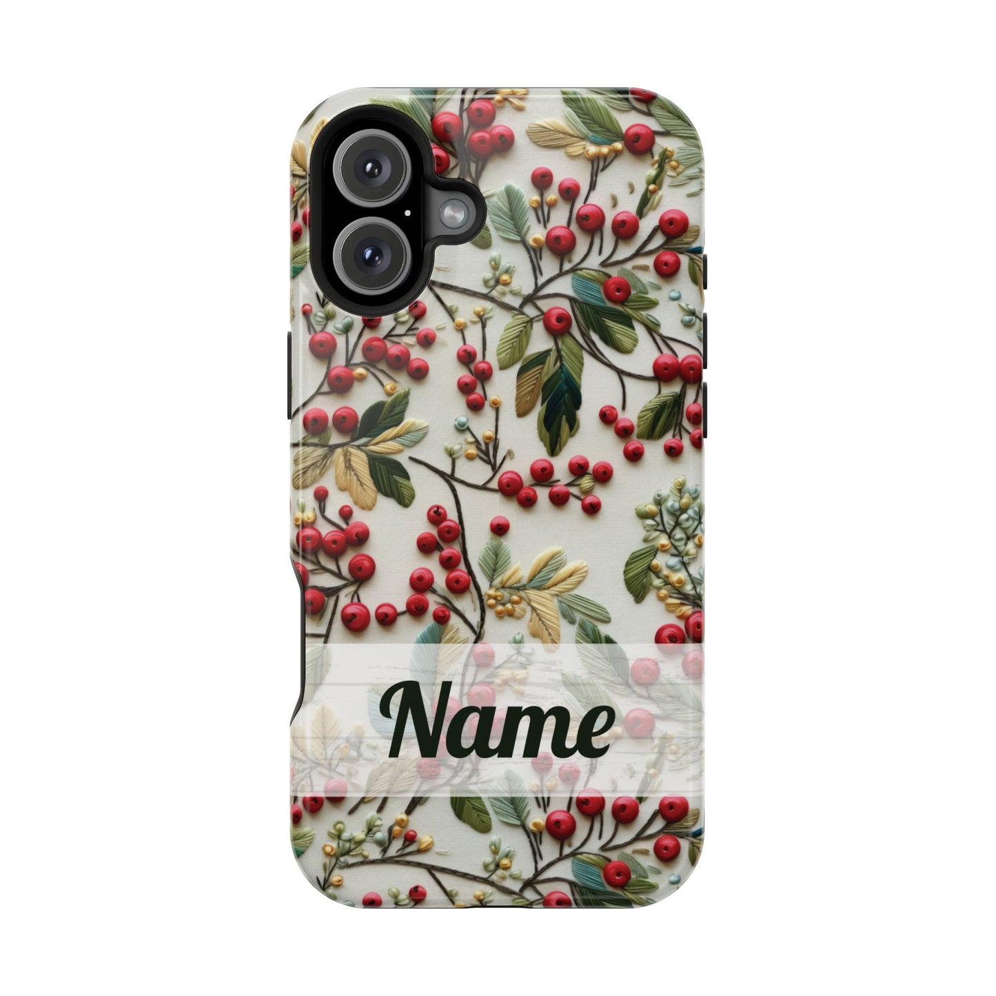 December Birth Month Flower Phone Case Faux Holly Beads Embroidered Custom, Personalized Christmas Winter Magnetic Tough Cases for iPhone
