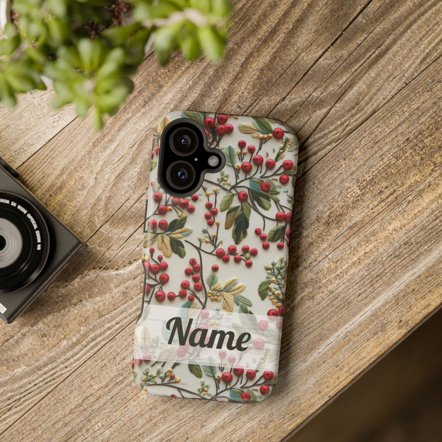 December Birth Month Flower Phone Case Faux Holly Beads Embroidered Custom, Personalized Christmas Winter Magnetic Tough Cases for iPhone