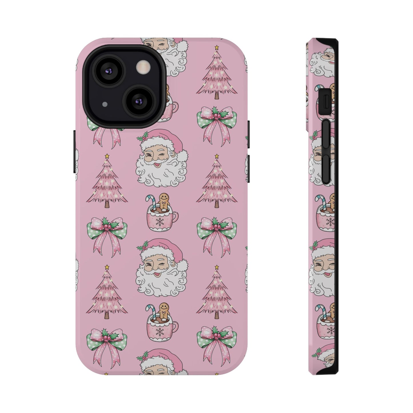 Pink Retro Santa & Coquette Bow Christmas Phone Case - Christmas Phone Case Impact-Resistant Case