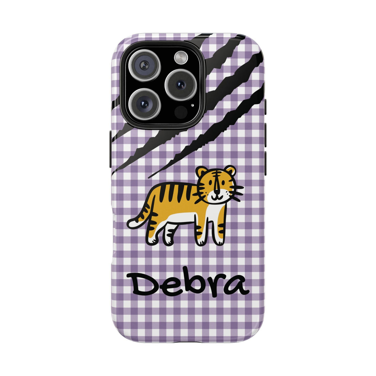 Personalized doodle tiger gingham phone case with custom name, for iPhone 16 Pro