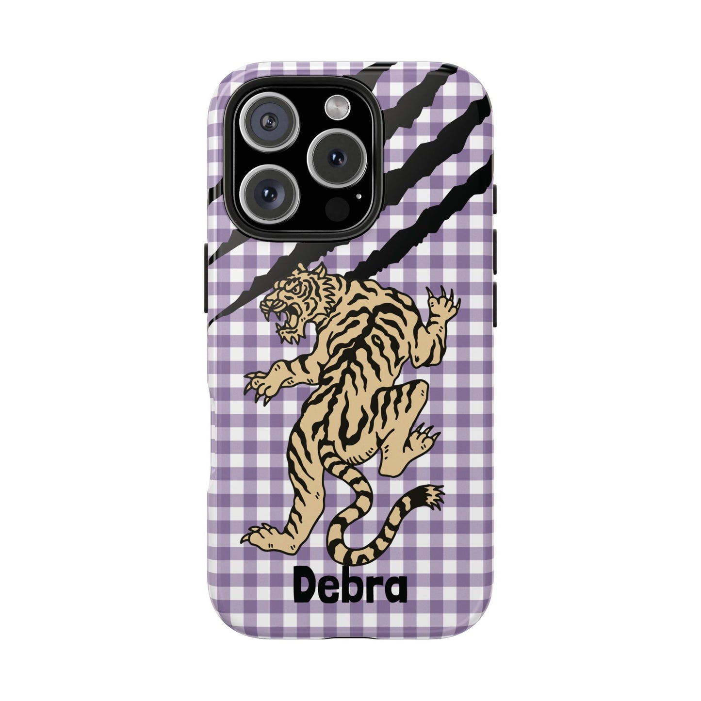 CAJUN DEB Personalized Vintage Tiger Purple Gingham Phone Case – Cute Purple Gingham Tough Phone Case with Claw Marks CAJUN DEB