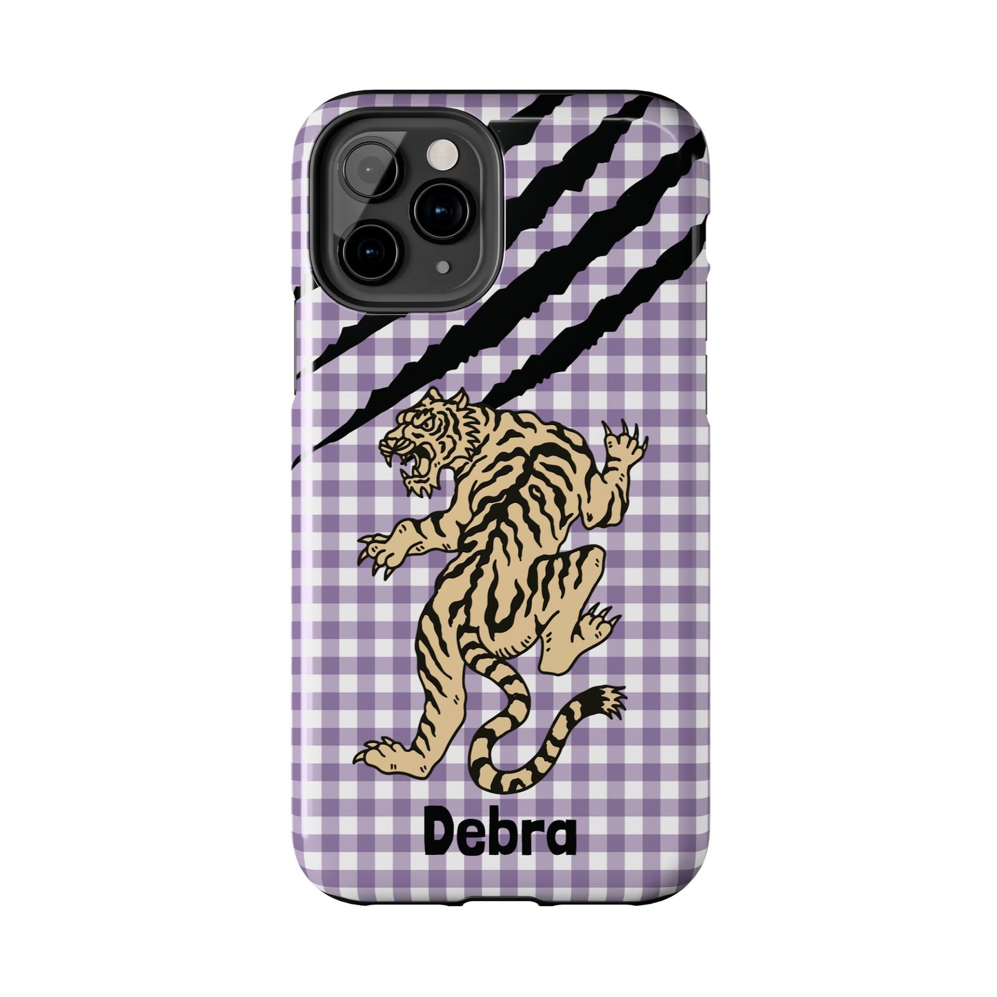 CAJUN DEB Personalized Vintage Tiger Purple Gingham Phone Case – Cute Purple Gingham Tough Phone Case with Claw Marks CAJUN DEB