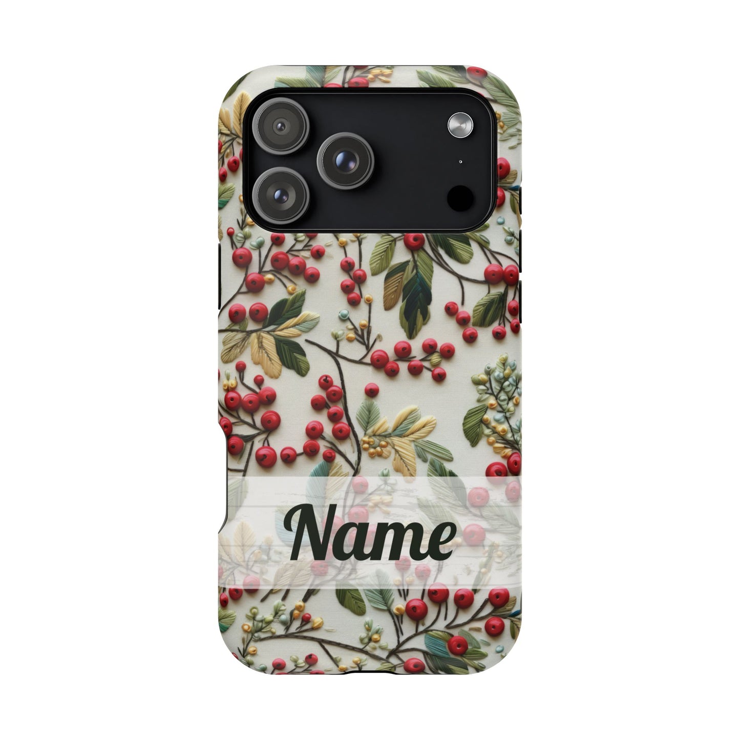 December Birth Month Flower Phone Case Faux Holly Beads Embroidered Custom, Personalized Christmas Winter Magnetic Tough Cases for iPhone