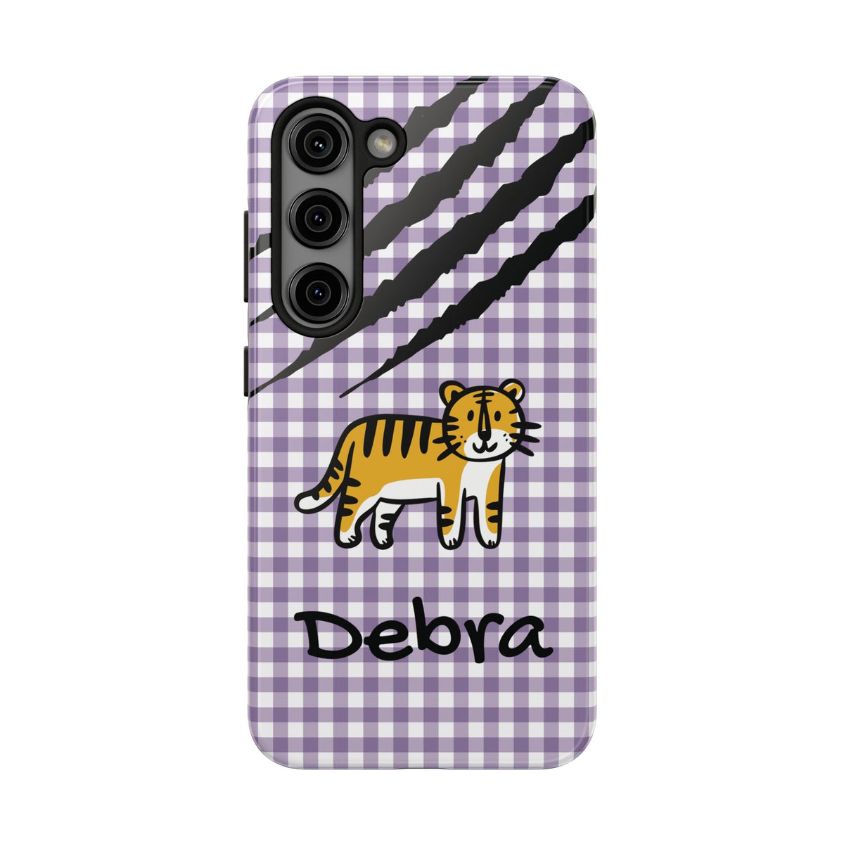 Personalized doodle tiger gingham phone case with custom name, for Samsung Galaxy S23