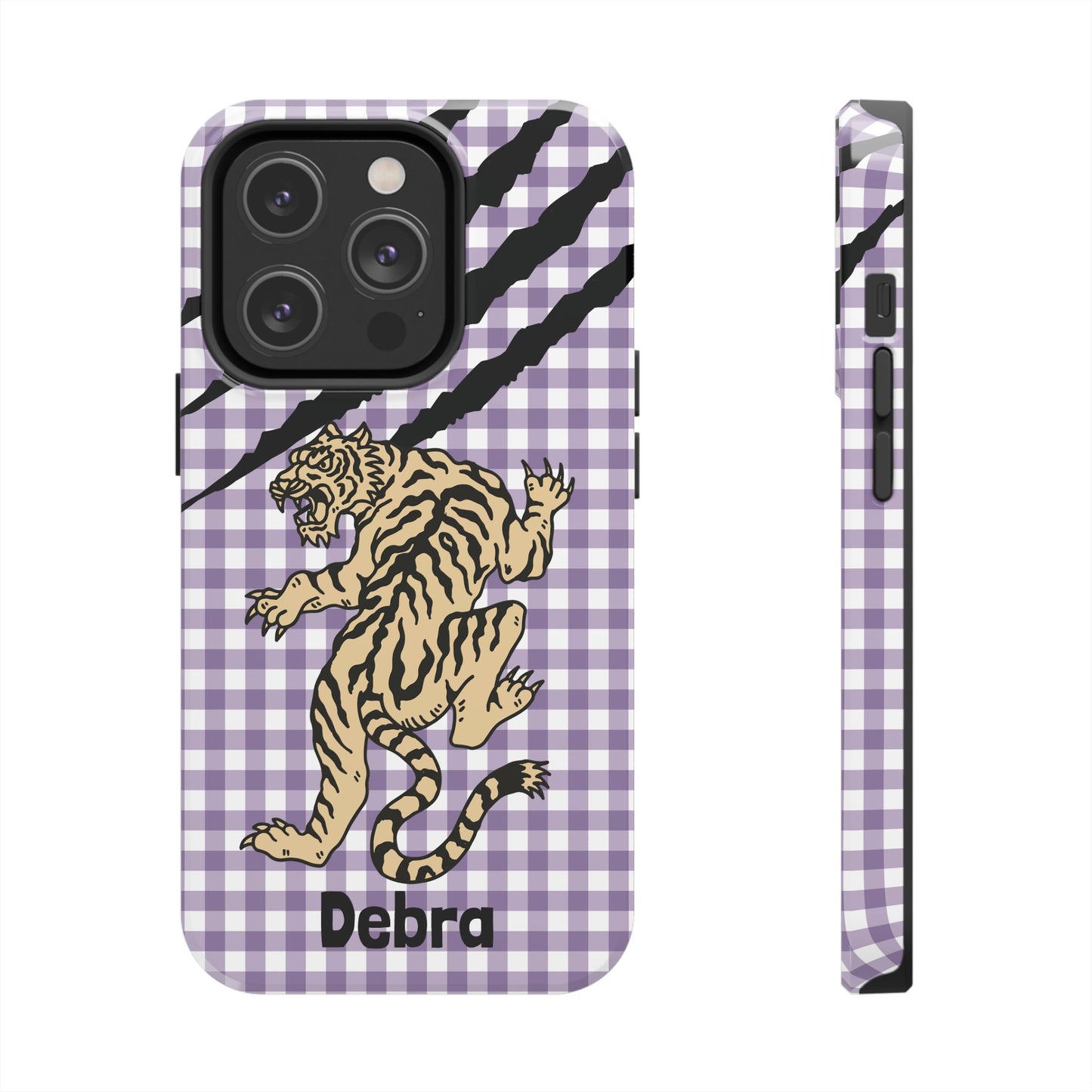 CAJUN DEB Personalized Vintage Tiger Purple Gingham Phone Case – Cute Purple Gingham Tough Phone Case with Claw Marks CAJUN DEB