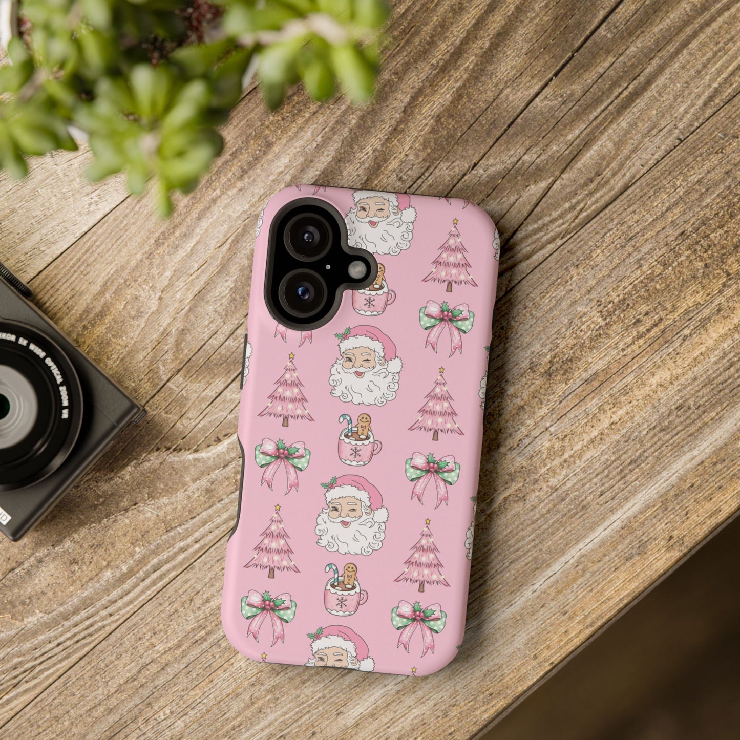 Pink Retro Santa & Coquette Bow Christmas Phone Case - Christmas Phone Case Impact-Resistant Case