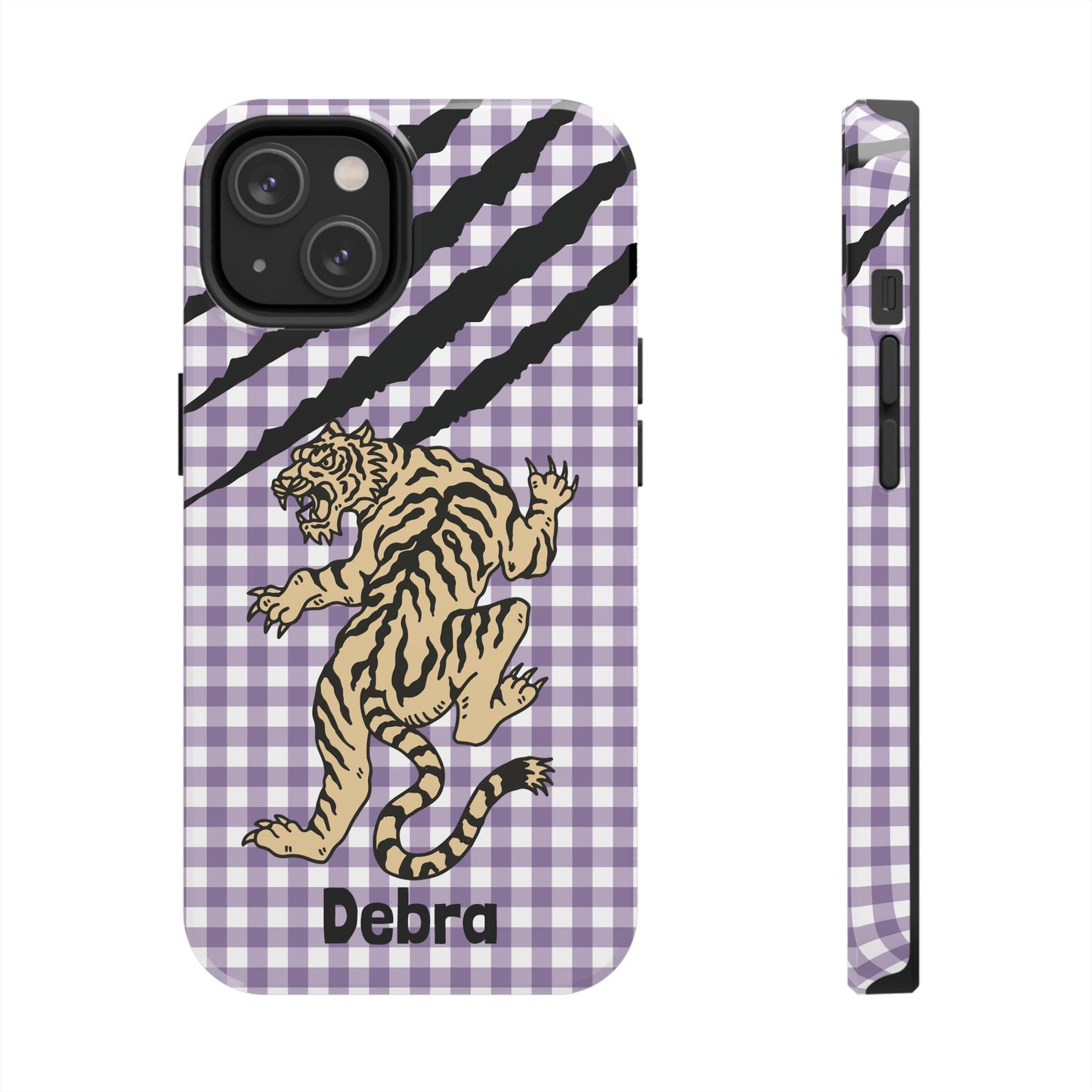 CAJUN DEB Personalized Vintage Tiger Purple Gingham Phone Case – Cute Purple Gingham Tough Phone Case with Claw Marks CAJUN DEB