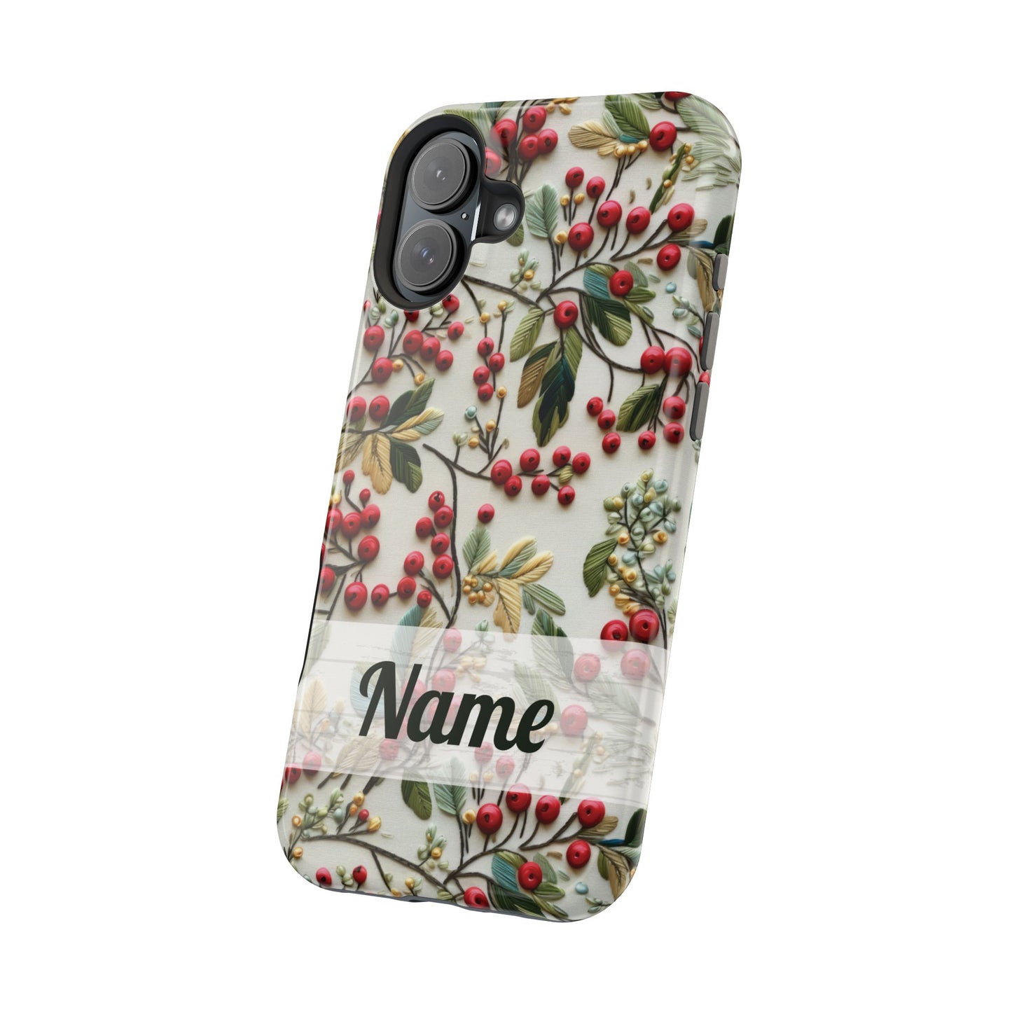 December Birth Month Flower Phone Case Faux Holly Beads Embroidered Custom, Personalized Christmas Winter Magnetic Tough Cases for iPhone