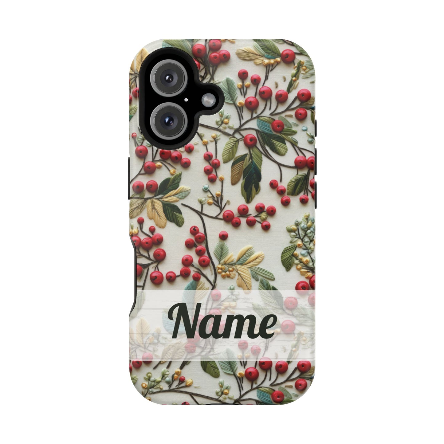 December Birth Month Flower Phone Case Faux Holly Beads Embroidered Custom, Personalized Christmas Winter Magnetic Tough Cases for iPhone