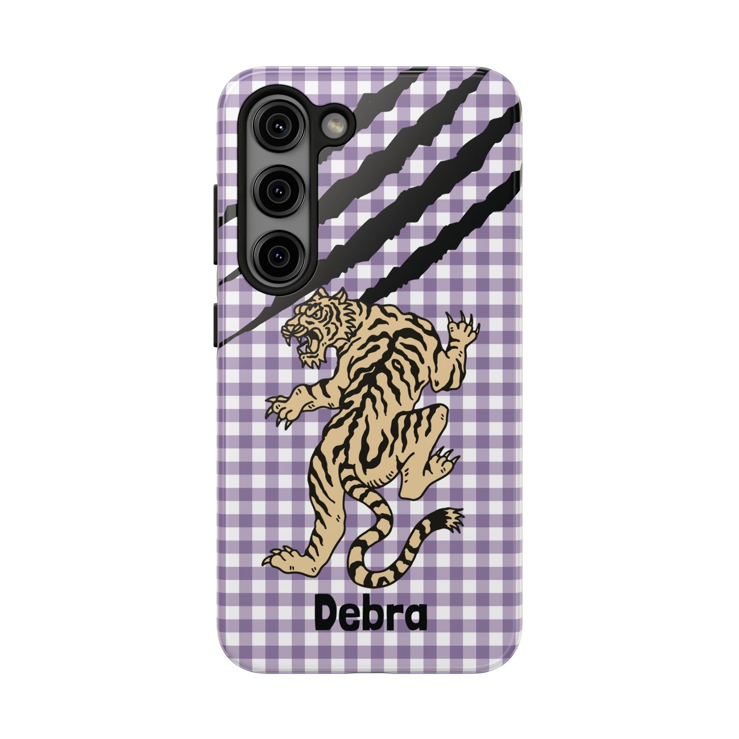 CAJUN DEB Personalized Vintage Tiger Purple Gingham Phone Case – Cute Purple Gingham Tough Phone Case with Claw Marks CAJUN DEB
