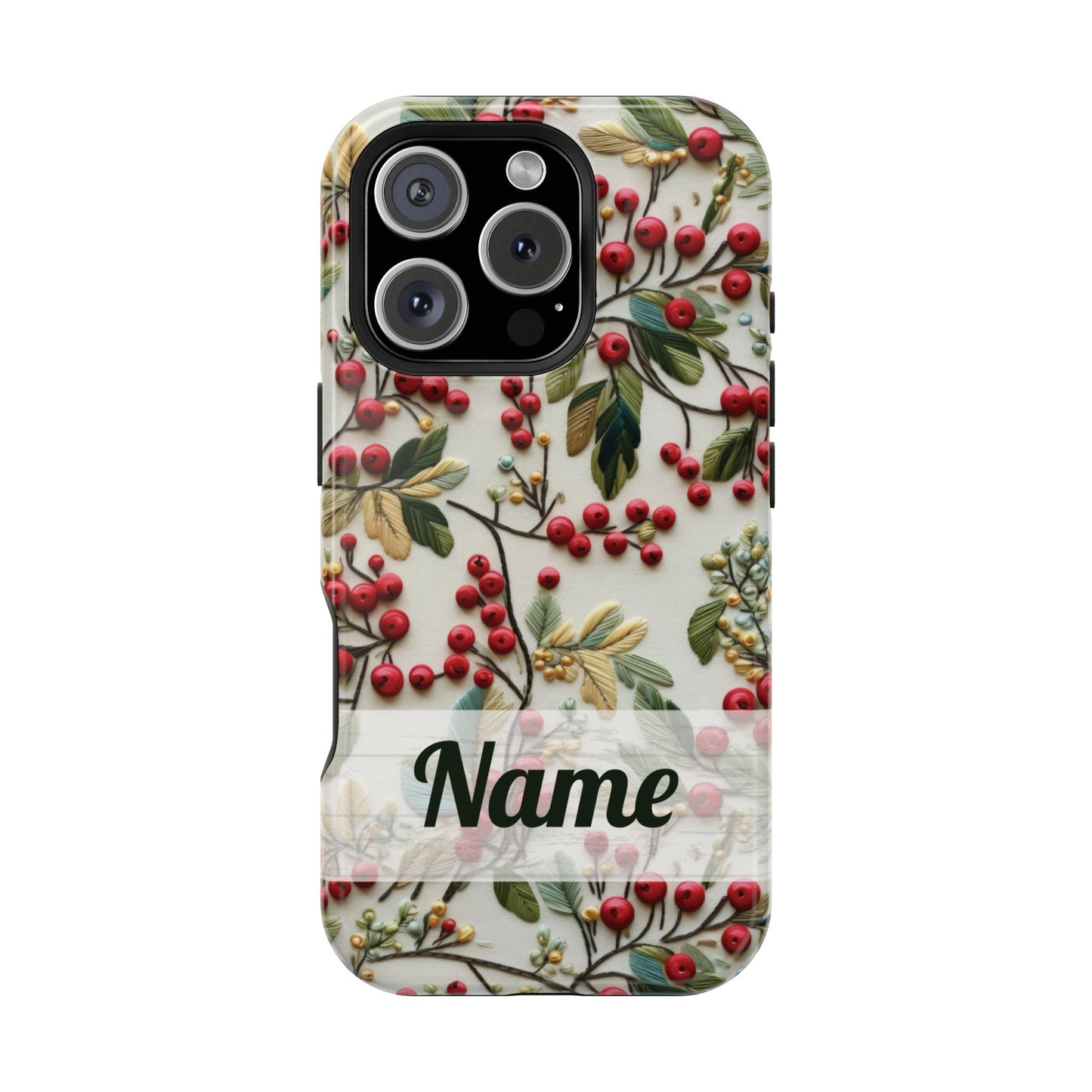 December Birth Month Flower Phone Case Faux Holly Beads Embroidered Custom, Personalized Christmas Winter Magnetic Tough Cases for iPhone