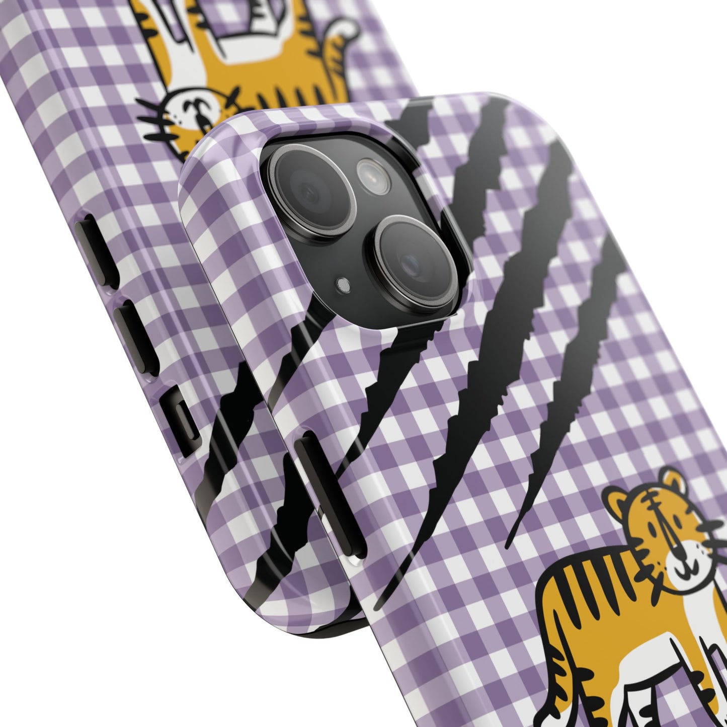CAJUN DEB Personalized Tiger Purple Gingham Phone Case – Cute Purple Gingham Tough Phone Case with Claw Marks CAJUN DEB