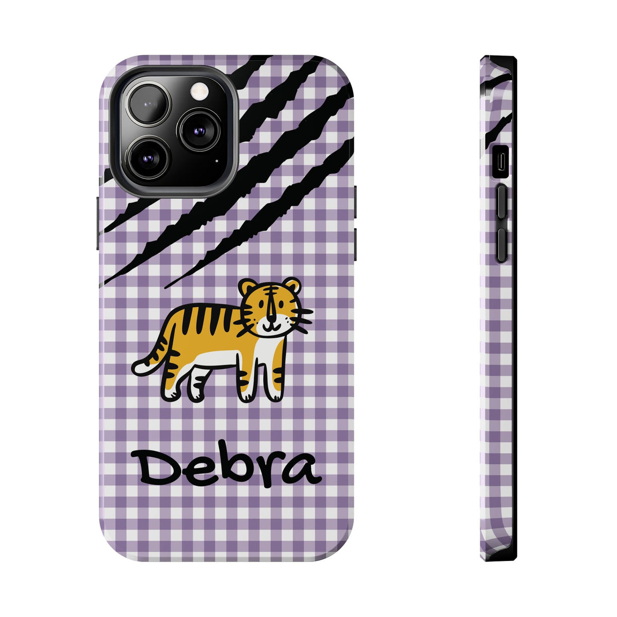 Personalized doodle tiger gingham phone case with custom name, for iPhone 13 Pro Max