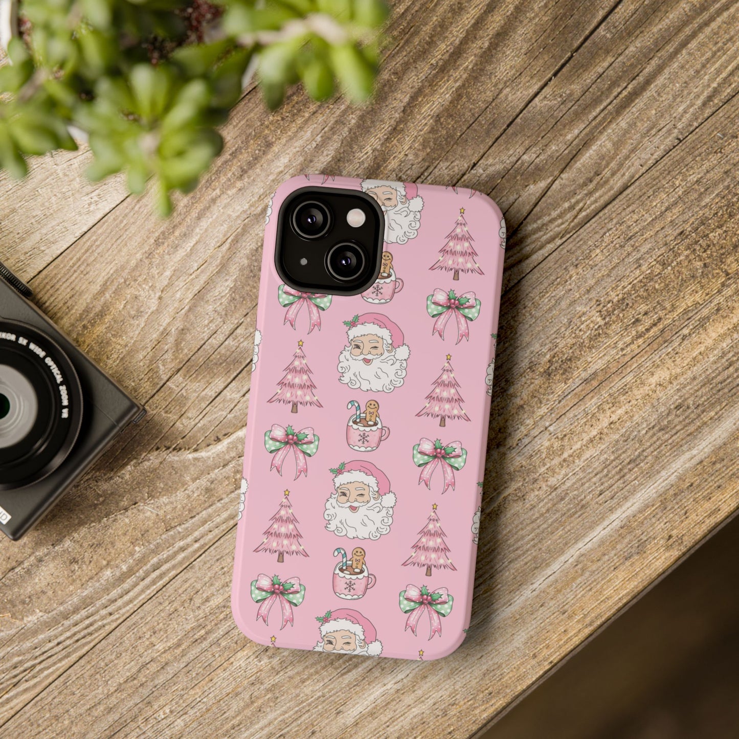 Pink Retro Santa & Coquette Bow Christmas Phone Case - Christmas Phone Case Impact-Resistant Case