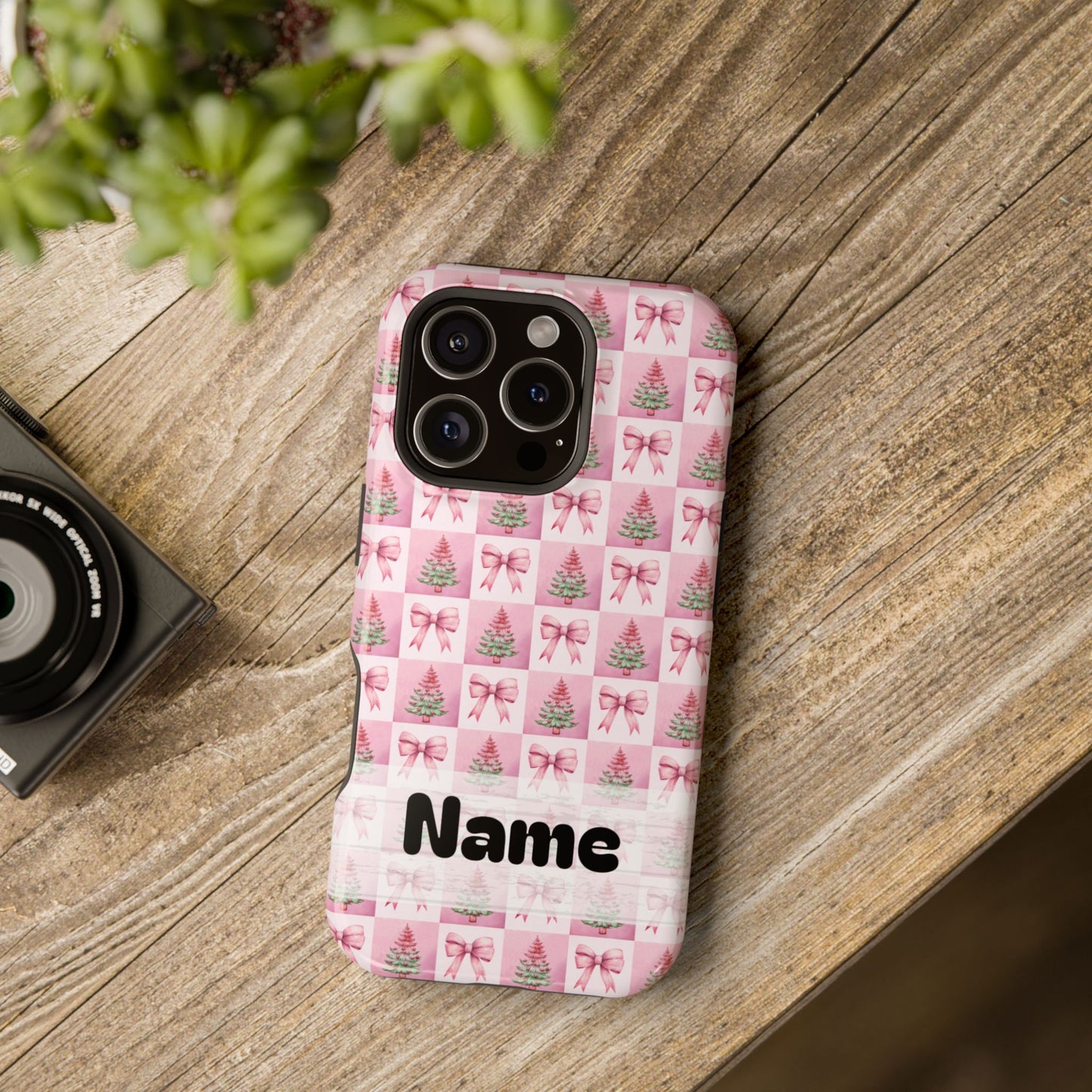 Pink Retro Christmas Tree & Coquette Phone Case - Personalized Christmas Phone Case Impact-Resistant Cases iPhone Samsung