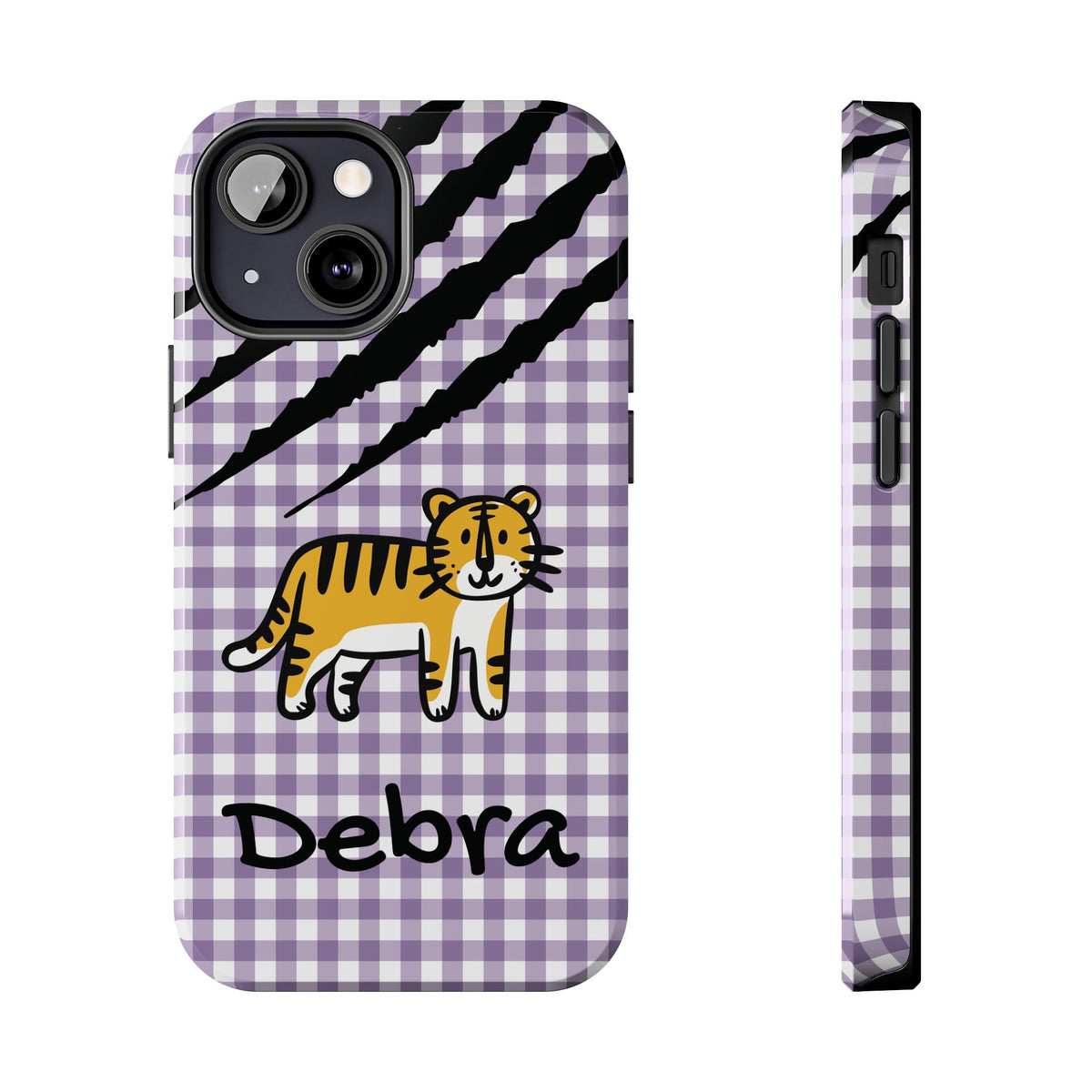 Personalized doodle tiger gingham phone case with custom name, for iPhone 13 Mini