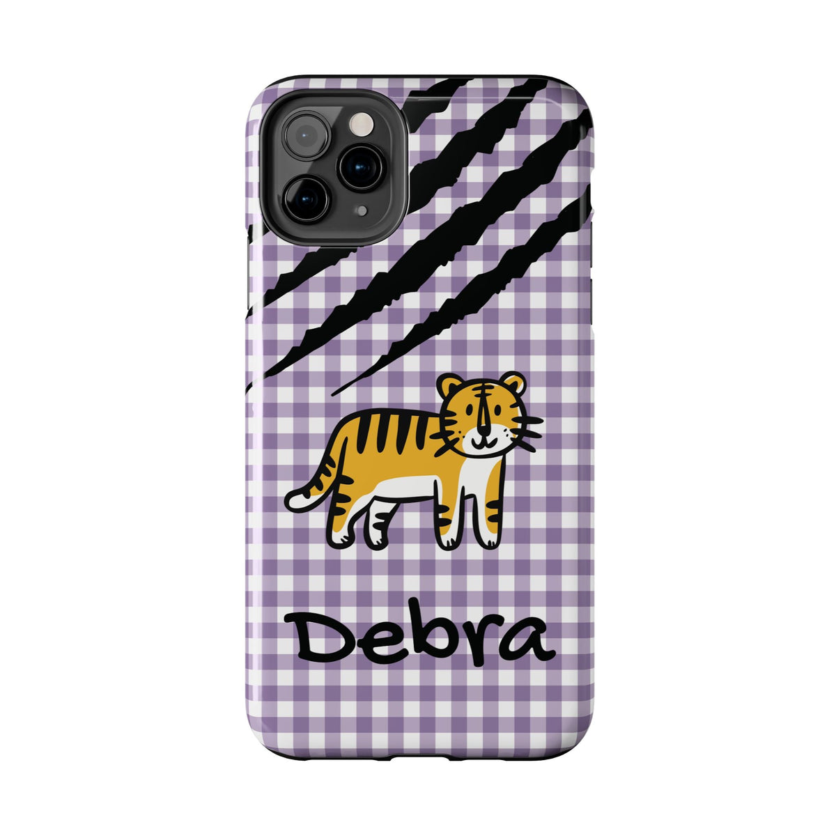 Personalized doodle tiger gingham phone case with custom name, for iPhone 11 Pro Max