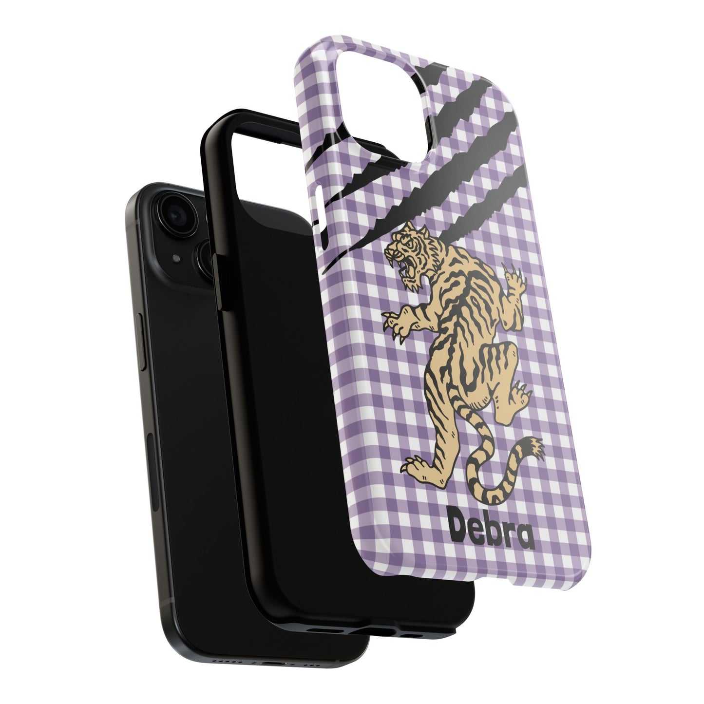 CAJUN DEB Personalized Vintage Tiger Purple Gingham Phone Case – Cute Purple Gingham Tough Phone Case with Claw Marks CAJUN DEB