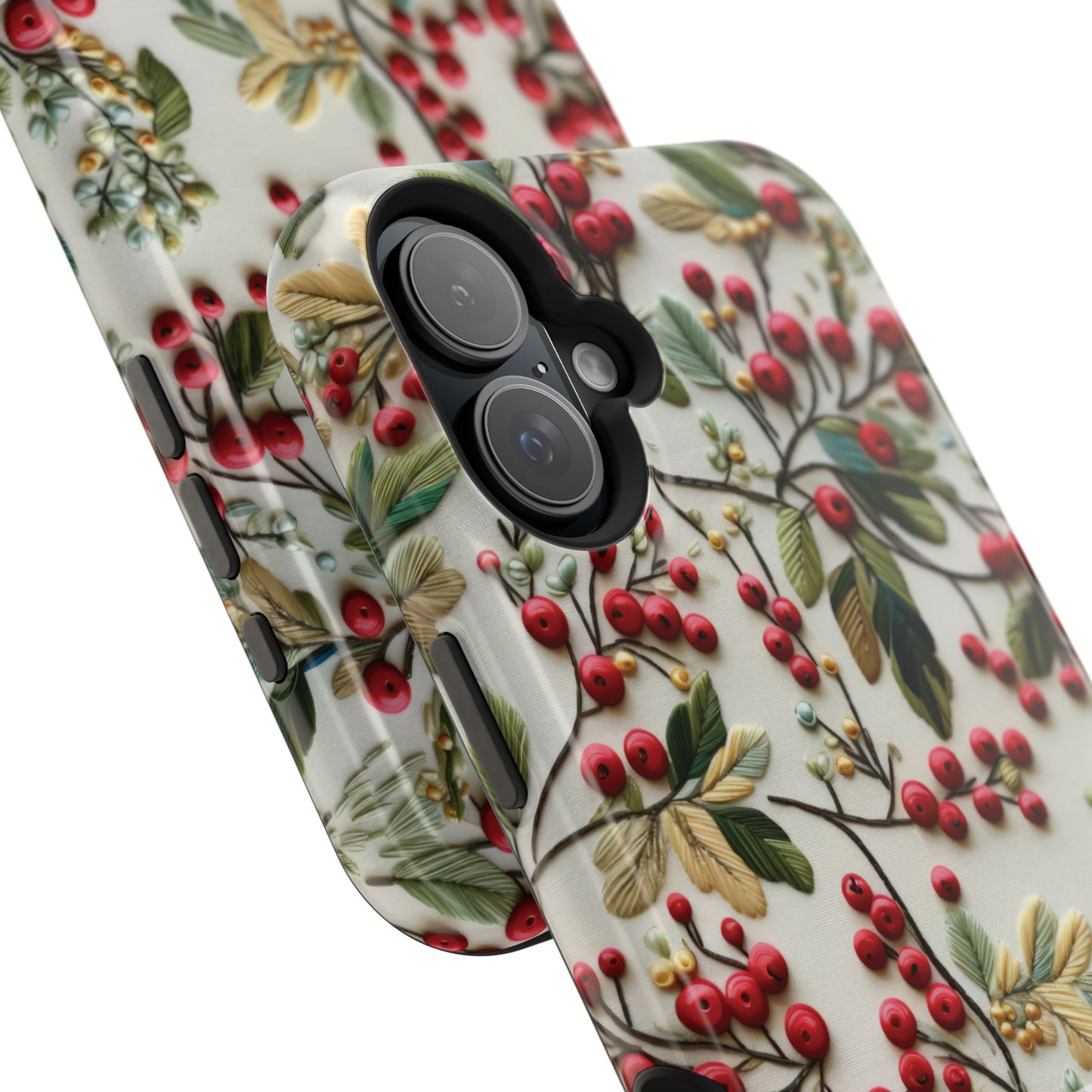 December Birth Month Flower Phone Case Faux Holly Beads Embroidered Custom, Personalized Christmas Winter Magnetic Tough Cases for iPhone