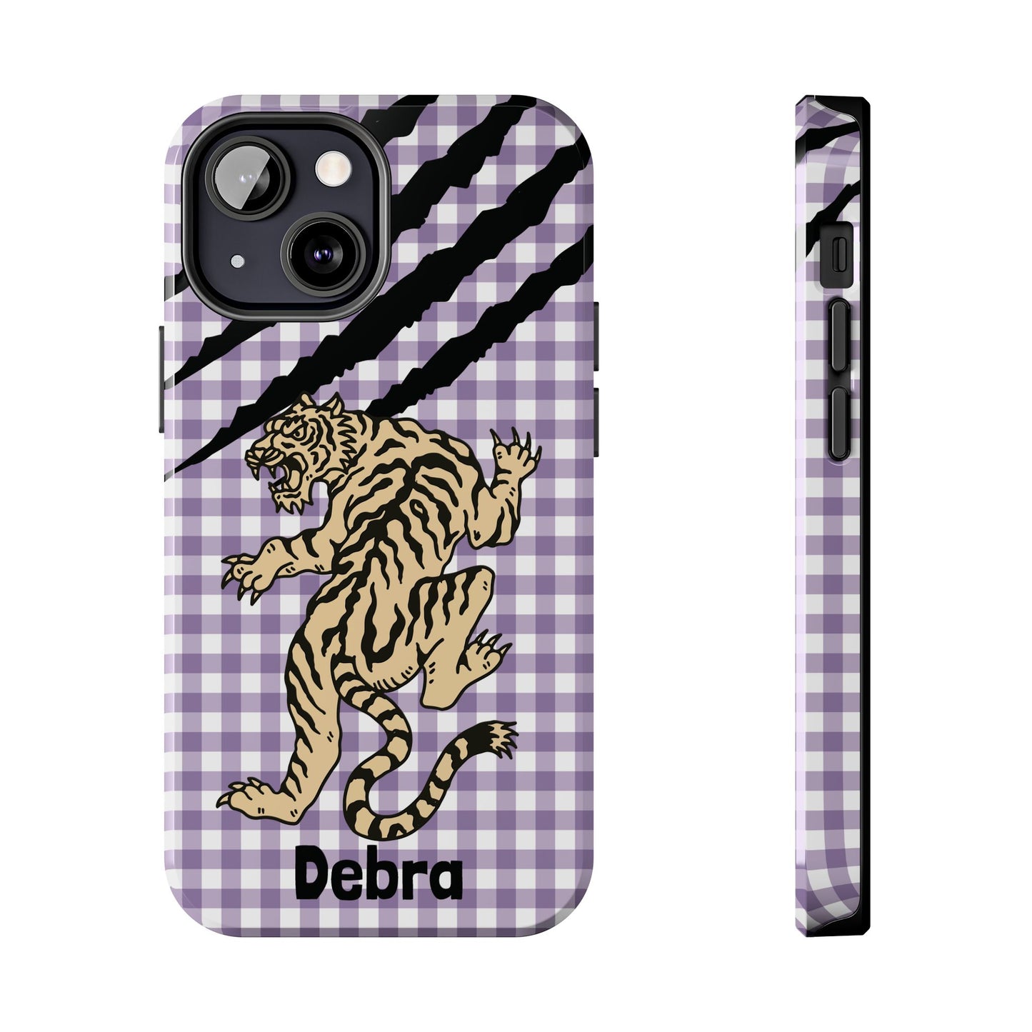 CAJUN DEB Personalized Vintage Tiger Purple Gingham Phone Case – Cute Purple Gingham Tough Phone Case with Claw Marks CAJUN DEB