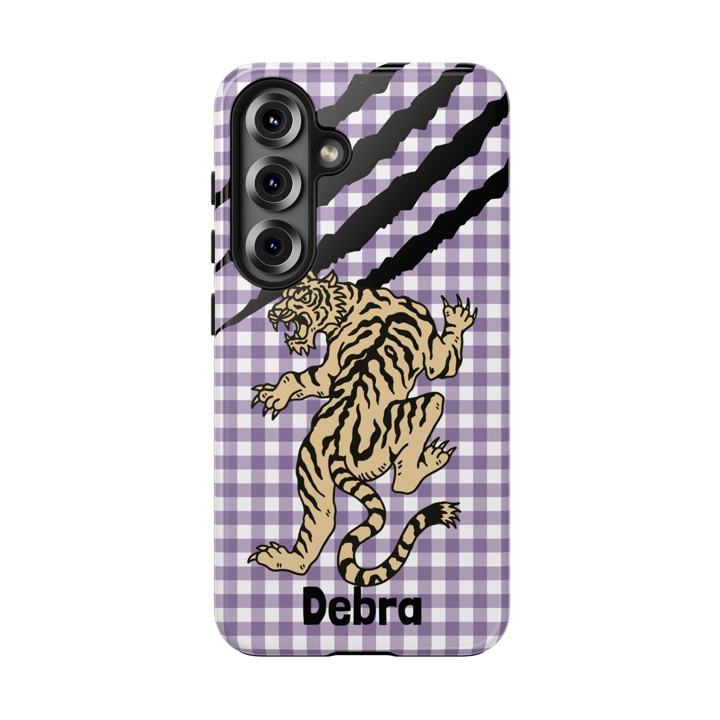 CAJUN DEB Personalized Vintage Tiger Purple Gingham Phone Case – Cute Purple Gingham Tough Phone Case with Claw Marks CAJUN DEB