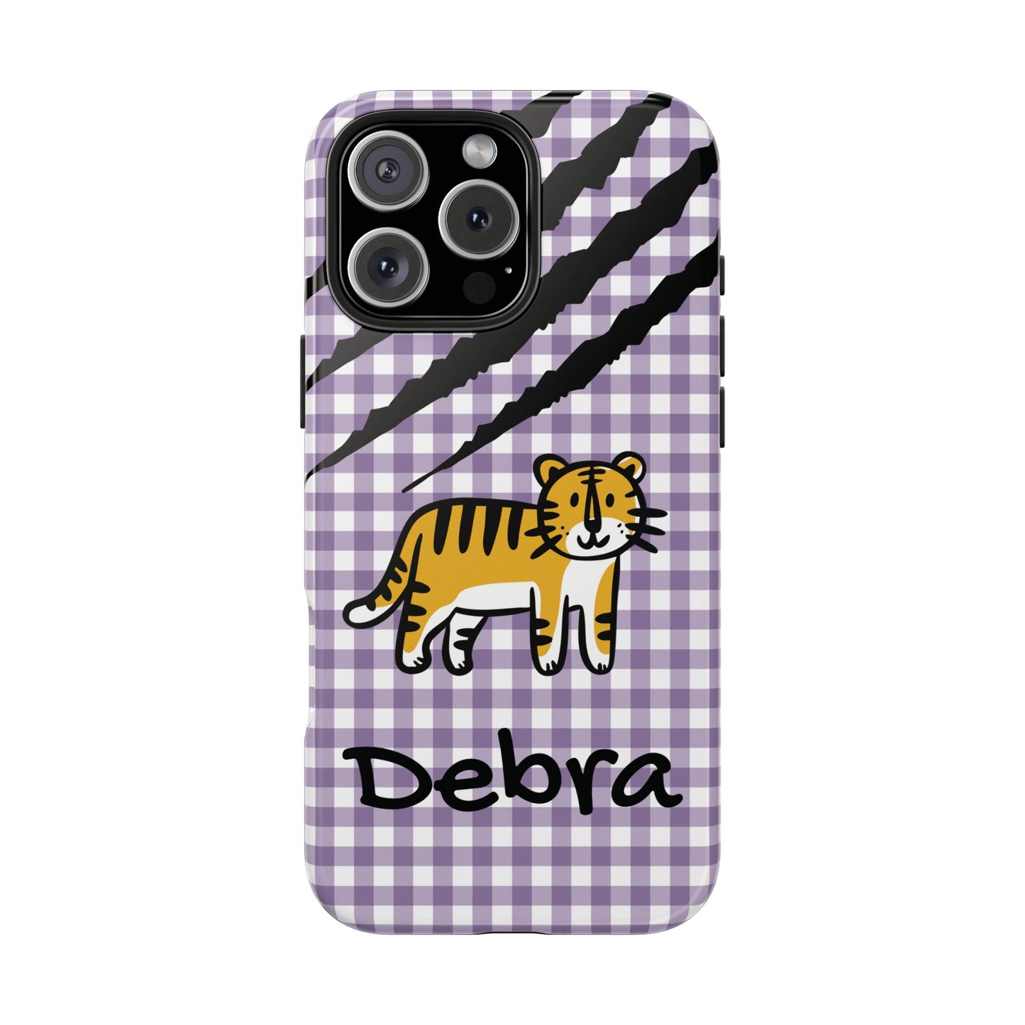 CAJUN DEB Personalized Tiger Purple Gingham Phone Case – Cute Purple Gingham Tough Phone Case with Claw Marks CAJUN DEB
