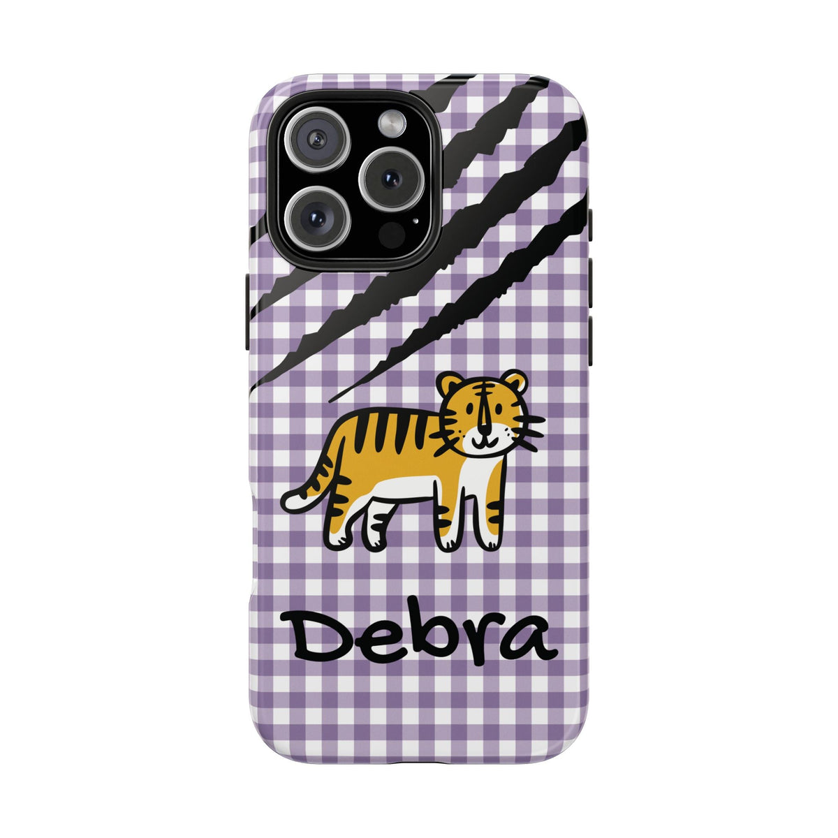 Personalized doodle tiger gingham phone case with custom name, for iPhone 16 Pro Max