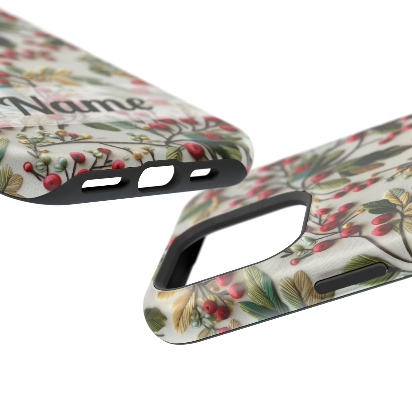 December Birth Month Flower Phone Case Faux Holly Beads Embroidered Custom, Personalized Christmas Winter Magnetic Tough Cases for iPhone