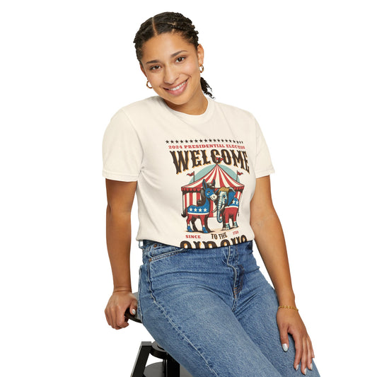 Camiseta de circo político | Camiseta unisex teñida con sátira de elefante y burro, colores cómodos para elecciones 1717