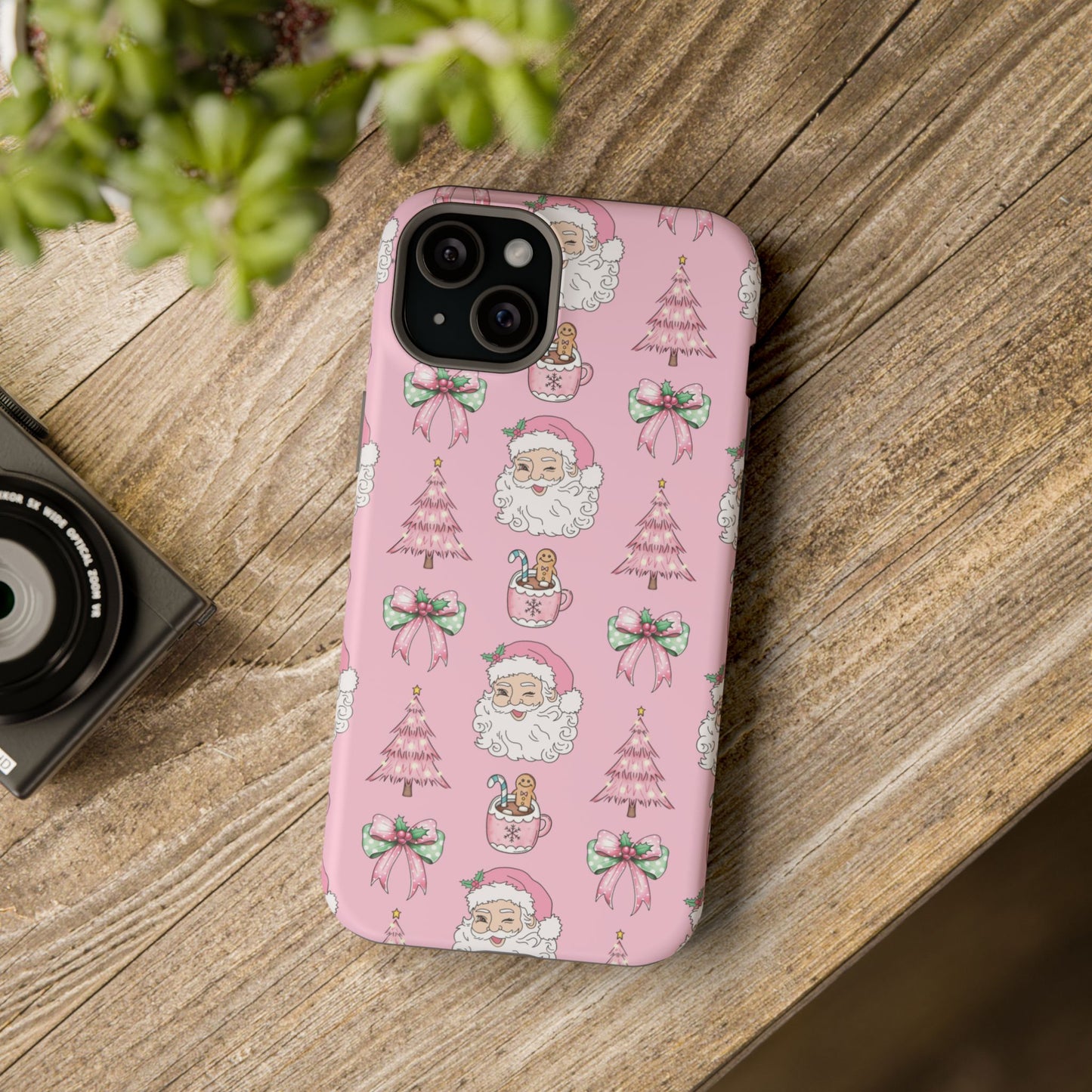 Pink Retro Santa & Coquette Bow Christmas Phone Case - Christmas Phone Case Impact-Resistant Case