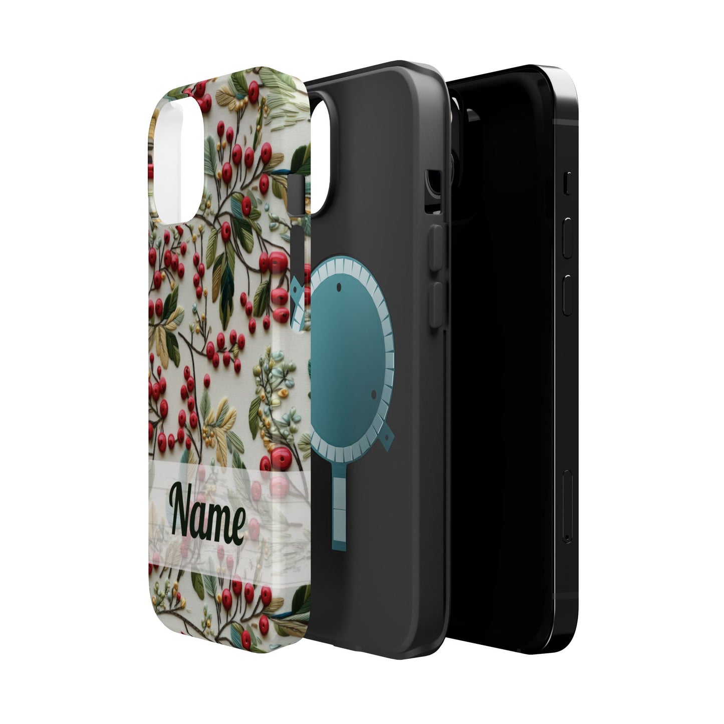 December Birth Month Flower Phone Case Faux Holly Beads Embroidered Custom, Personalized Christmas Winter Magnetic Tough Cases for iPhone