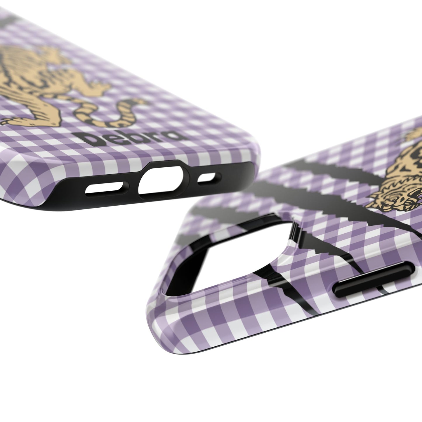 CAJUN DEB Personalized Vintage Tiger Purple Gingham Phone Case – Cute Purple Gingham Tough Phone Case with Claw Marks CAJUN DEB