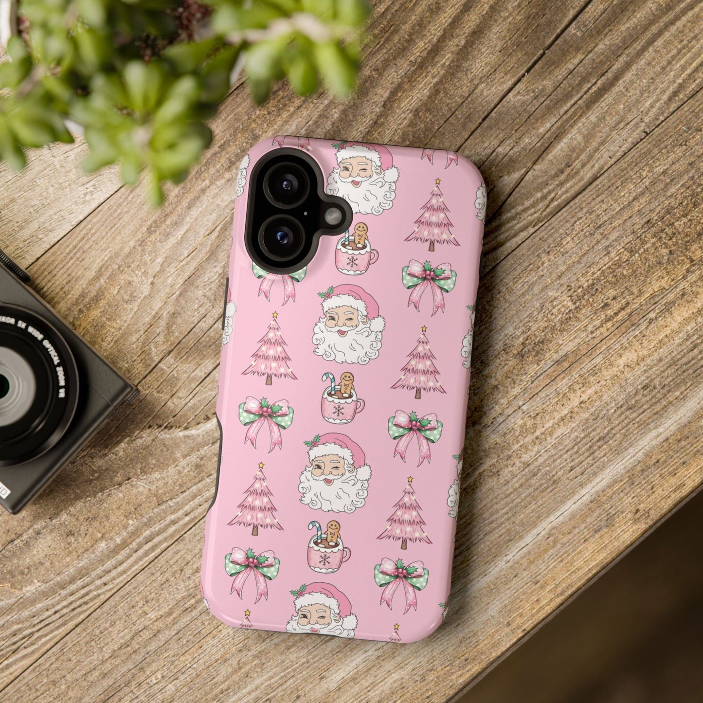 Pink Retro Santa & Coquette Bow Christmas Phone Case - Christmas Phone Case Impact-Resistant Case