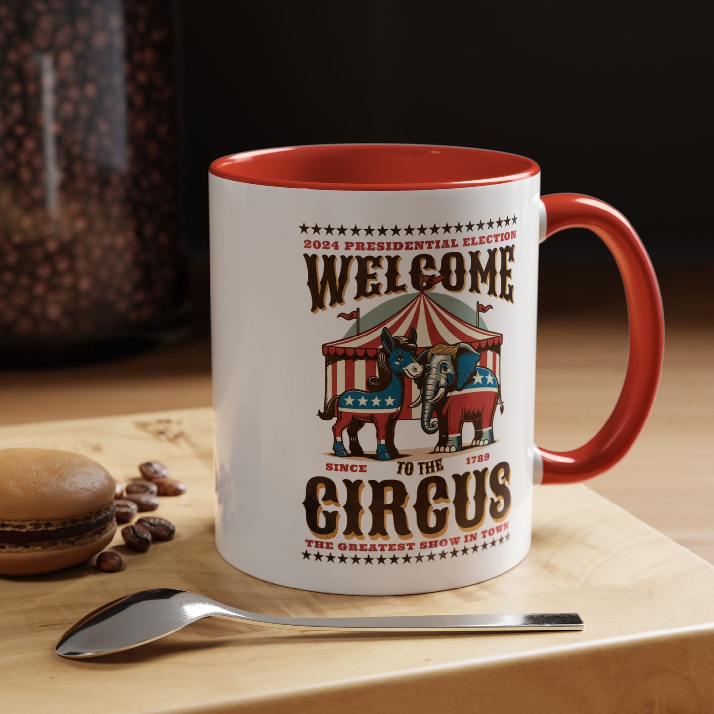 Political Circus Coffee Mug (11, 15oz) - Republican Democrat Independent Elephant Donkey