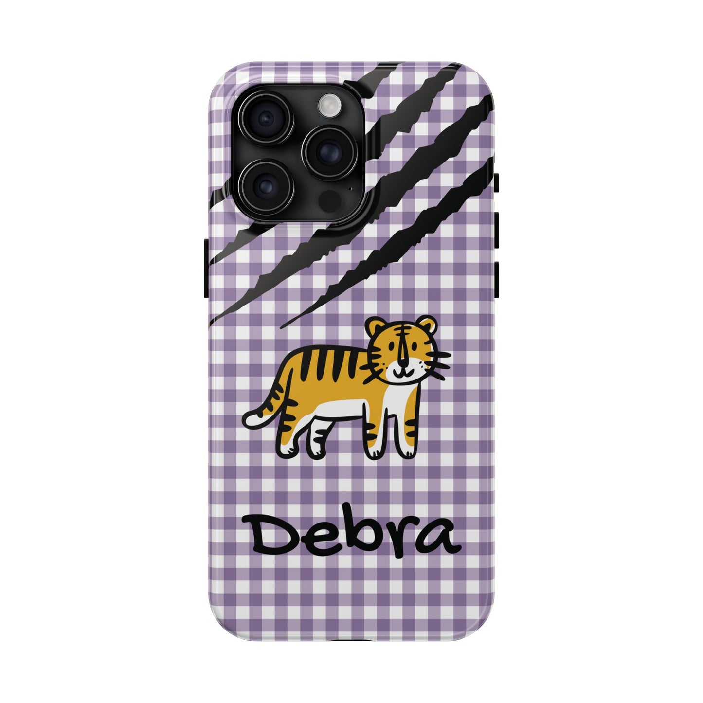 CAJUN DEB Personalized Tiger Purple Gingham Phone Case – Cute Purple Gingham Tough Phone Case with Claw Marks CAJUN DEB