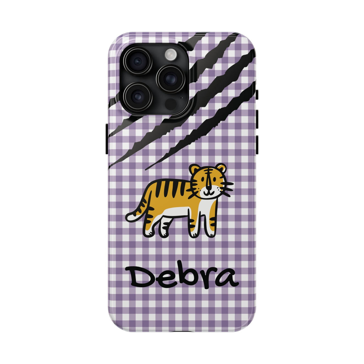 Personalized doodle tiger gingham phone case with custom name, for iPhone 15 Pro Max