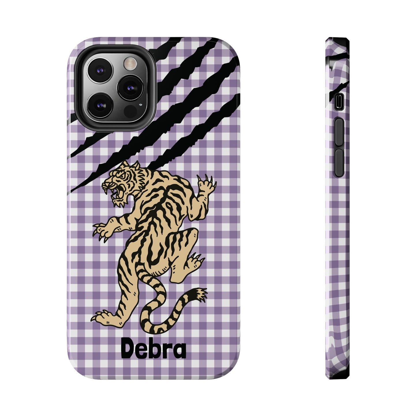 CAJUN DEB Personalized Vintage Tiger Purple Gingham Phone Case – Cute Purple Gingham Tough Phone Case with Claw Marks CAJUN DEB