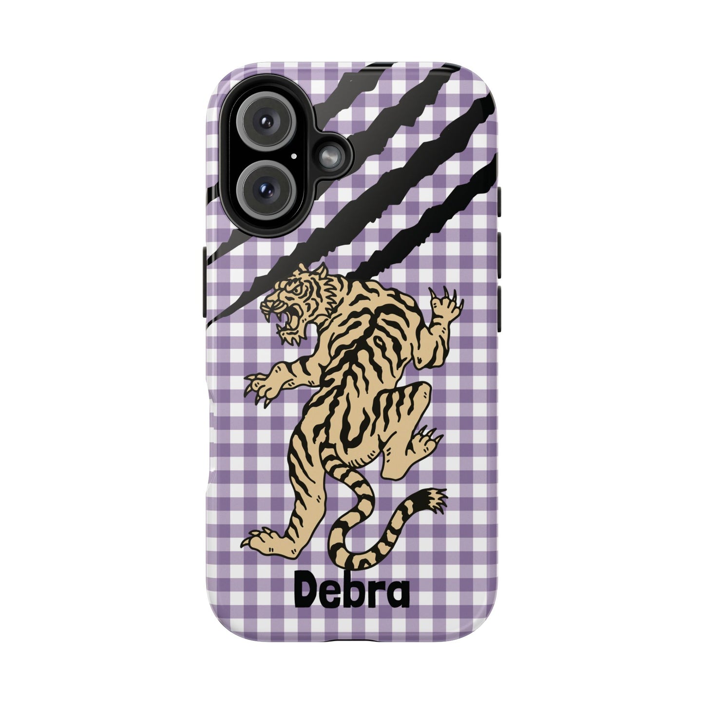 CAJUN DEB Personalized Vintage Tiger Purple Gingham Phone Case – Cute Purple Gingham Tough Phone Case with Claw Marks CAJUN DEB