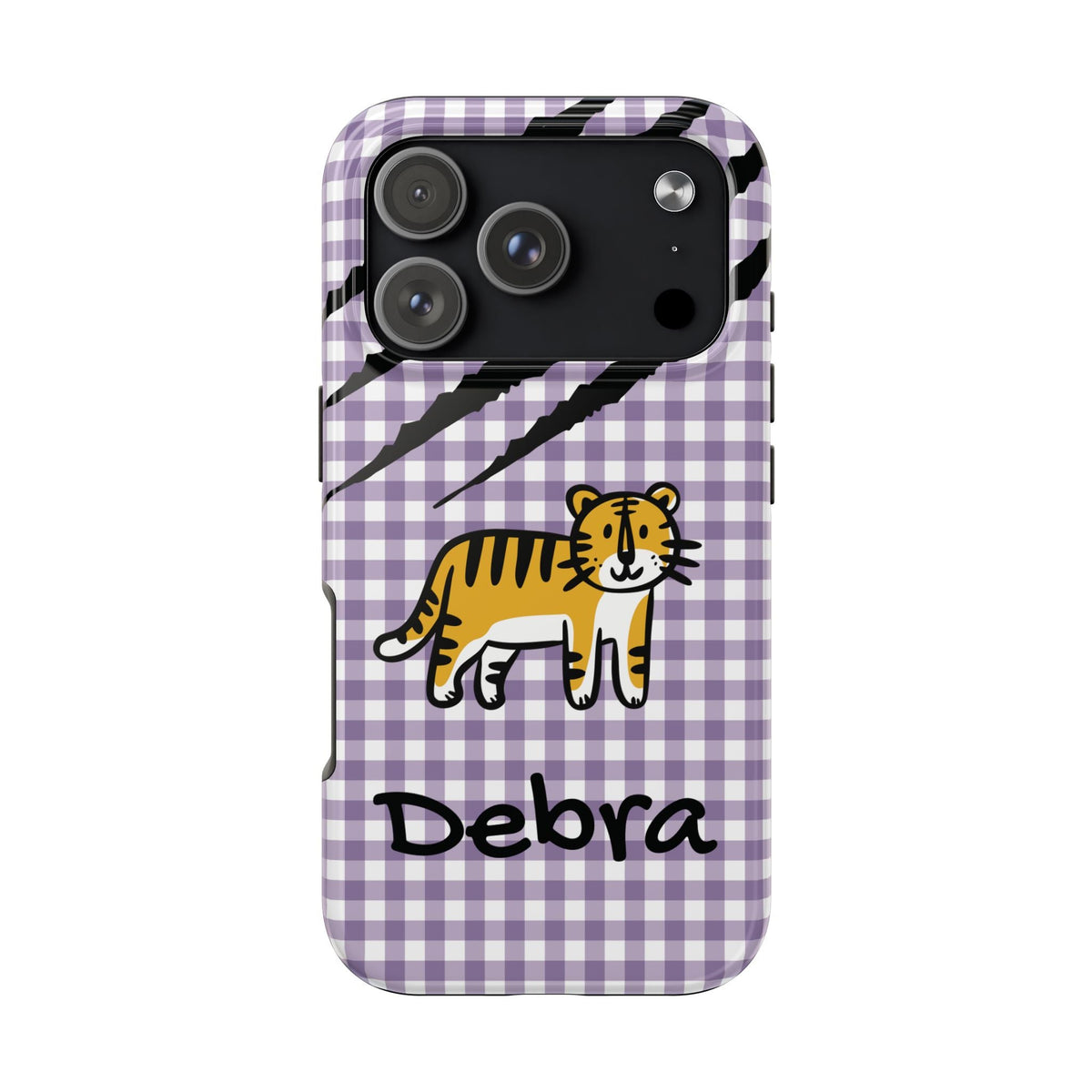 Personalized doodle tiger gingham phone case with custom name, for iPhone 17 Pro