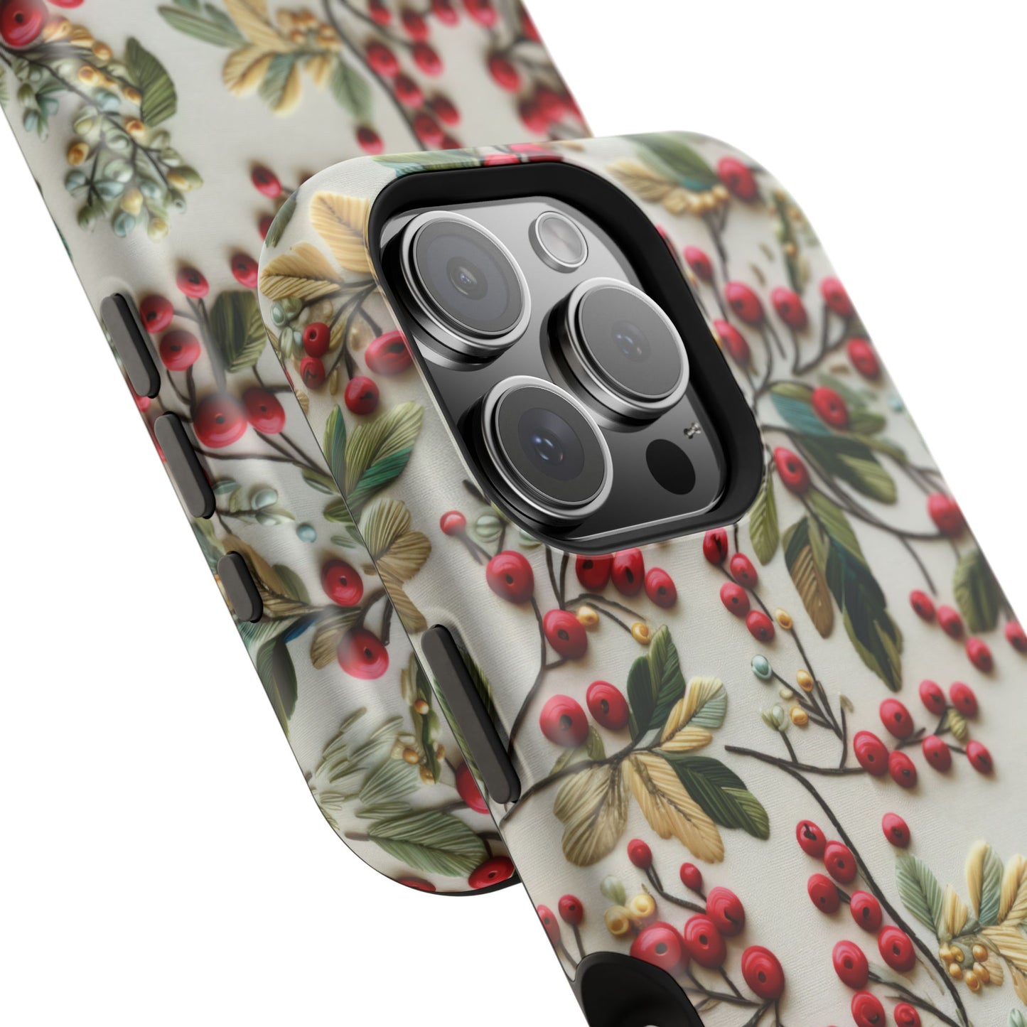 December Birth Month Flower Phone Case Faux Holly Beads Embroidered Custom, Personalized Christmas Winter Magnetic Tough Cases for iPhone