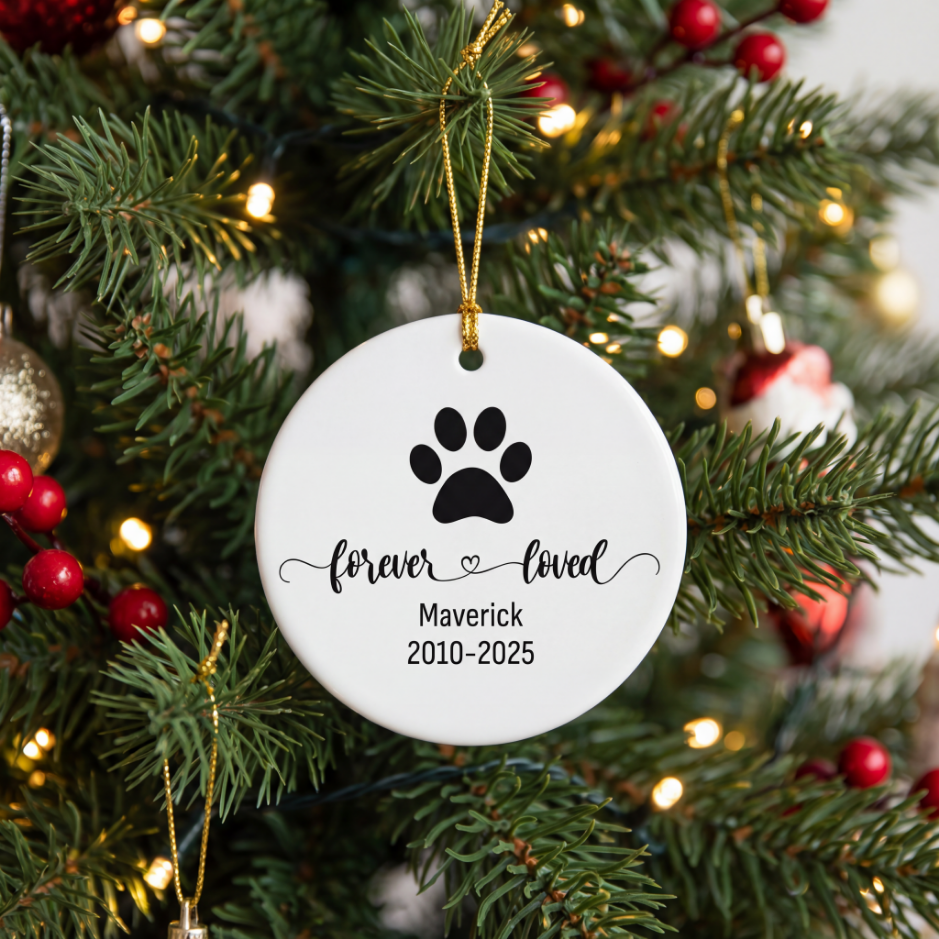 Dog Memorial Ceramic Custom Ornament — Double-Sided 'Forever Loved' Personalized Pet Tribute