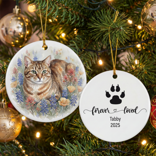 Cat Memorial Ceramic Ornament — Double-Sided 'Forever Loved' Personalized Pet Tribute