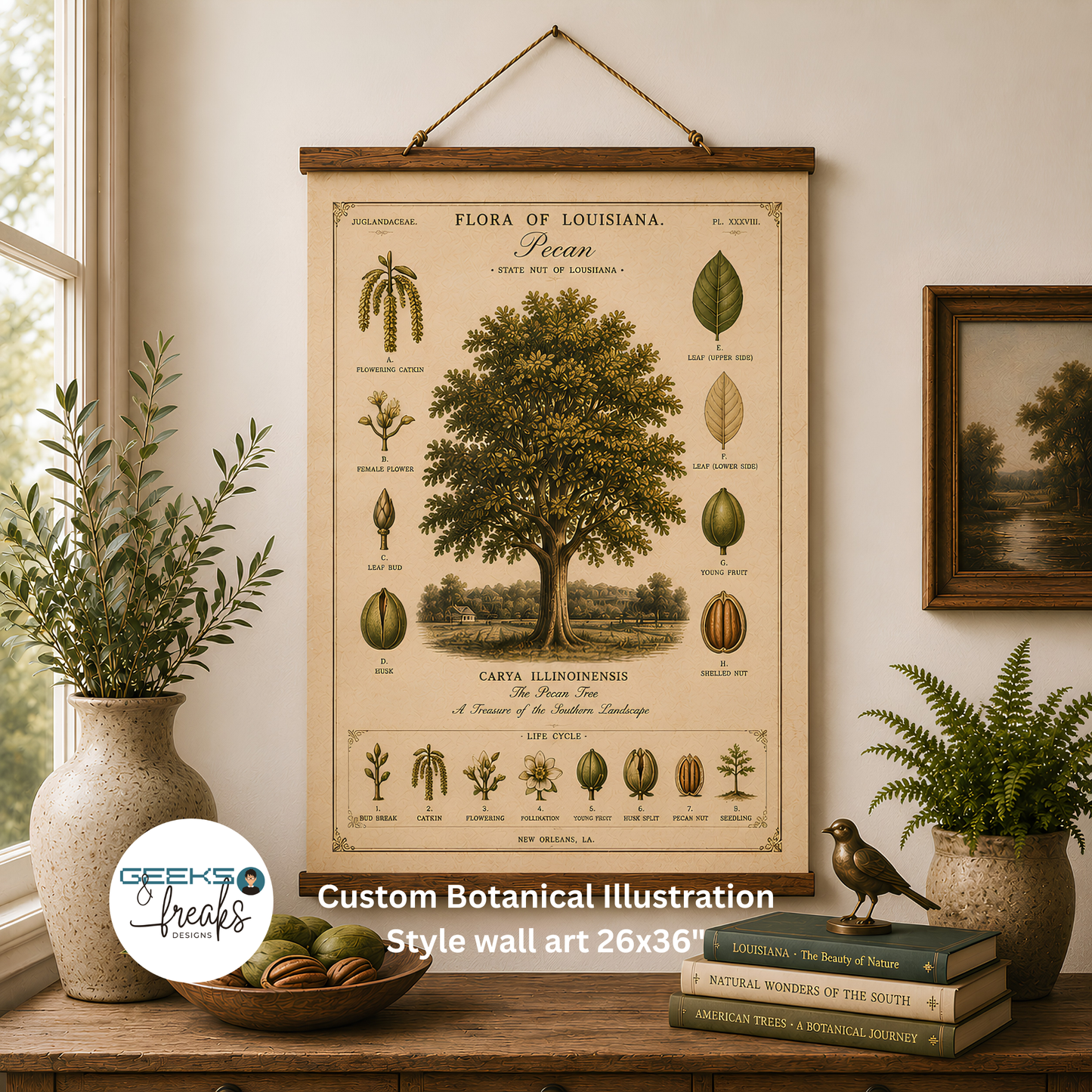 Vintage Botanical Wall hanging — 'Flora of Louisiana' Pecan Tree Hanging Wall Print CAJUN DEB
