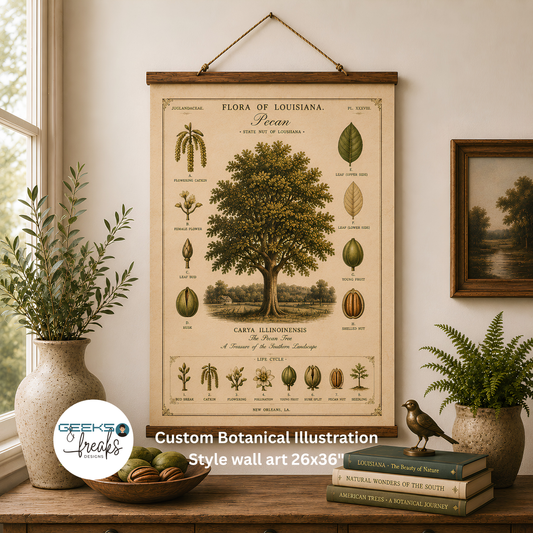 Vintage Botanical Wall hanging — 'Flora of Louisiana' Pecan Tree Hanging Wall Print CAJUN DEB
