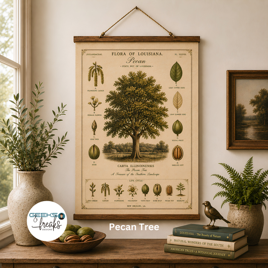 Vintage Botanical Wall hanging — 'Flora of Louisiana' Pecan Tree Hanging Wall Print CAJUN DEB