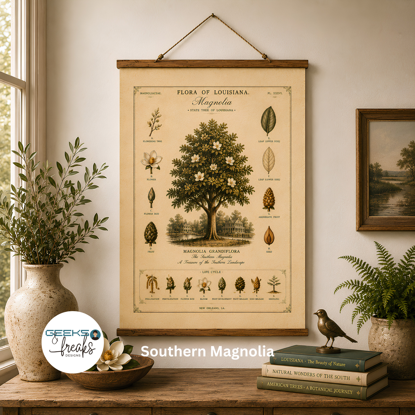 Vintage Botanical Wall hanging — 'Flora of Louisiana' Southern Magnolia Tree Hanging Wall Print CAJUN DEB