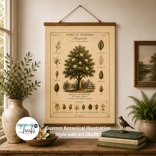 Vintage Botanical Wall hanging — 'Flora of Louisiana' Southern Magnolia Tree Hanging Wall Print CAJUN DEB