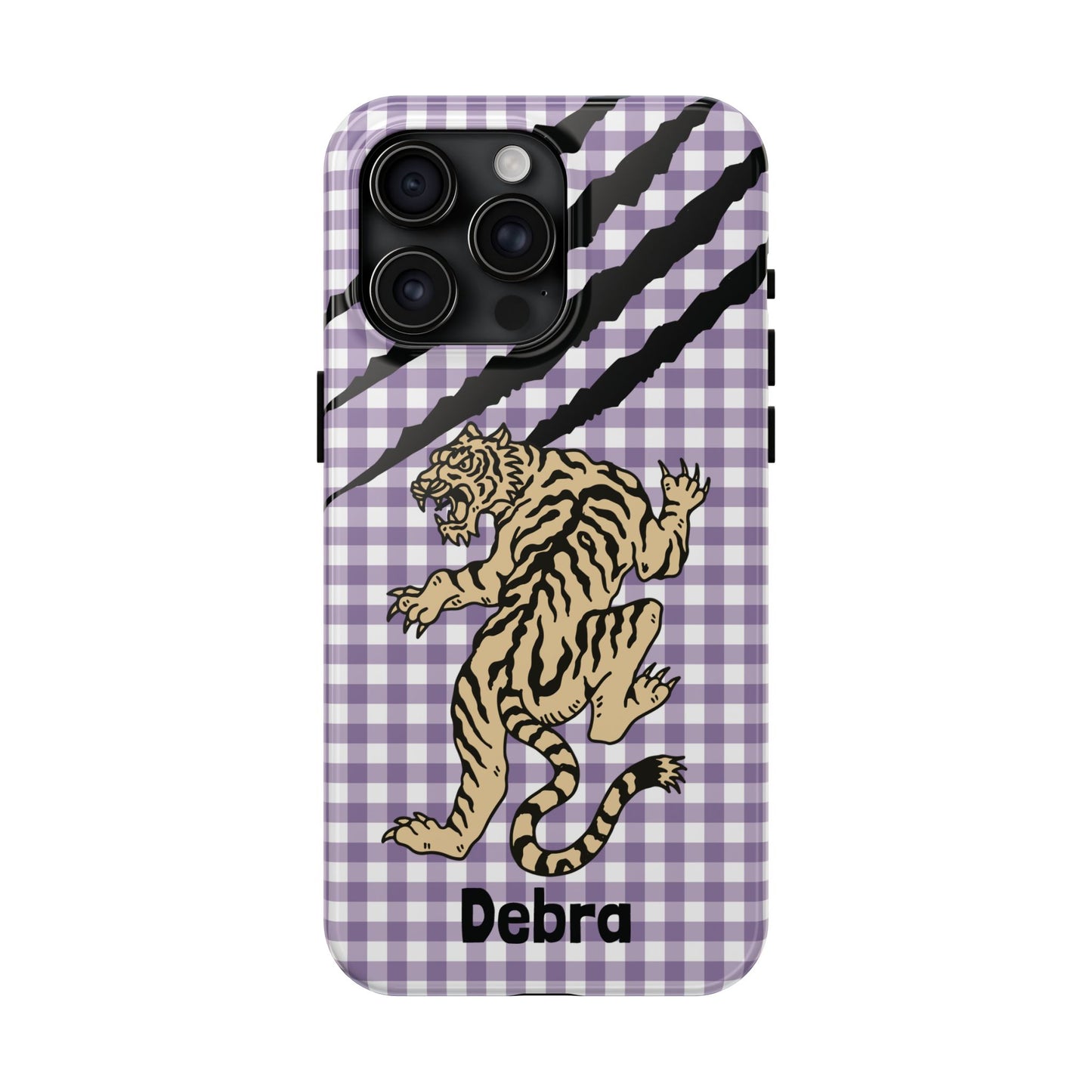 CAJUN DEB Personalized Vintage Tiger Purple Gingham Phone Case – Cute Purple Gingham Tough Phone Case with Claw Marks CAJUN DEB