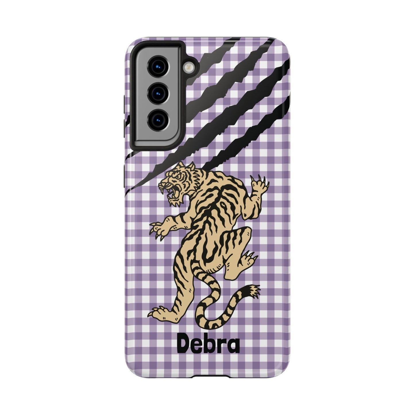 CAJUN DEB Personalized Vintage Tiger Purple Gingham Phone Case – Cute Purple Gingham Tough Phone Case with Claw Marks CAJUN DEB